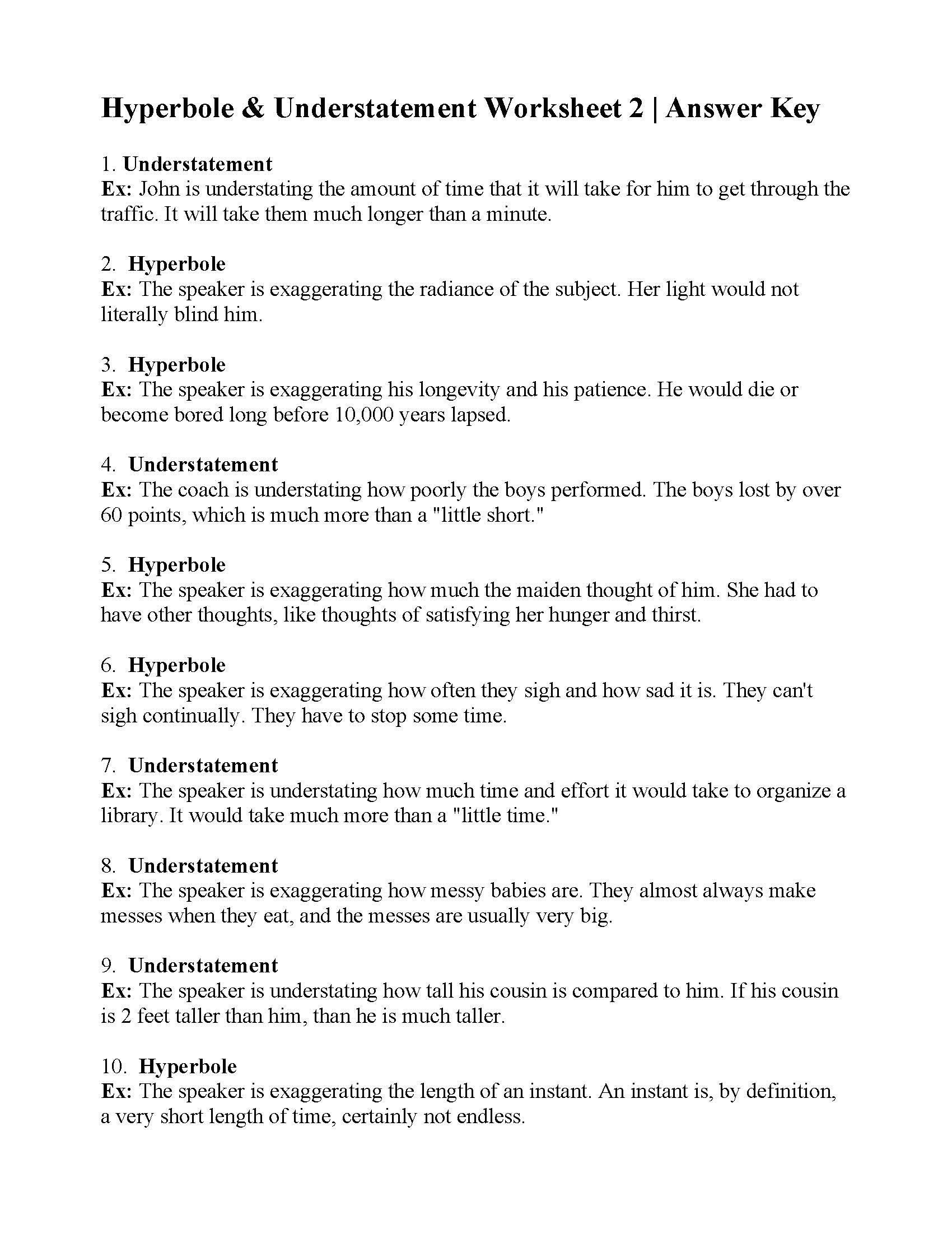 Figurative Language Worksheet 2 Answer Worksheet