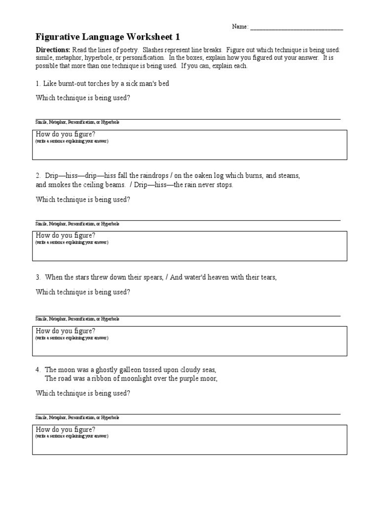 Figurative Language Worksheet 2 Answers Education Template