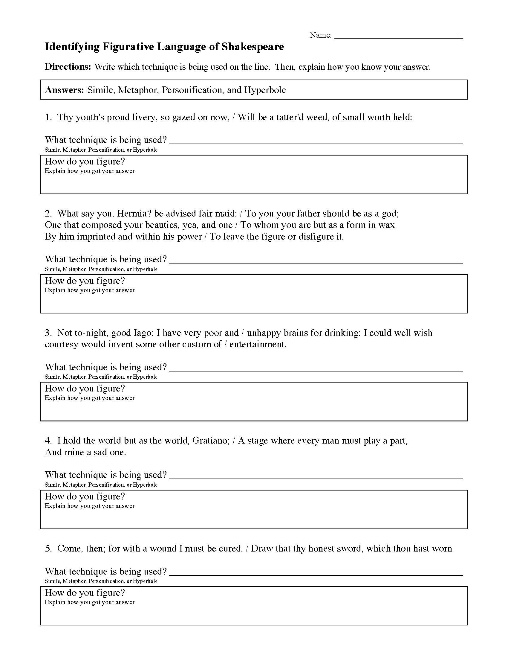 Figurative Language Worksheet 2 Answers Education Template