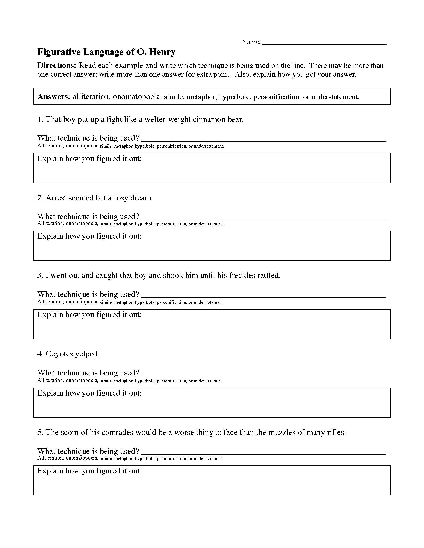 Figurative Language Worksheet 2 Answers Education Template