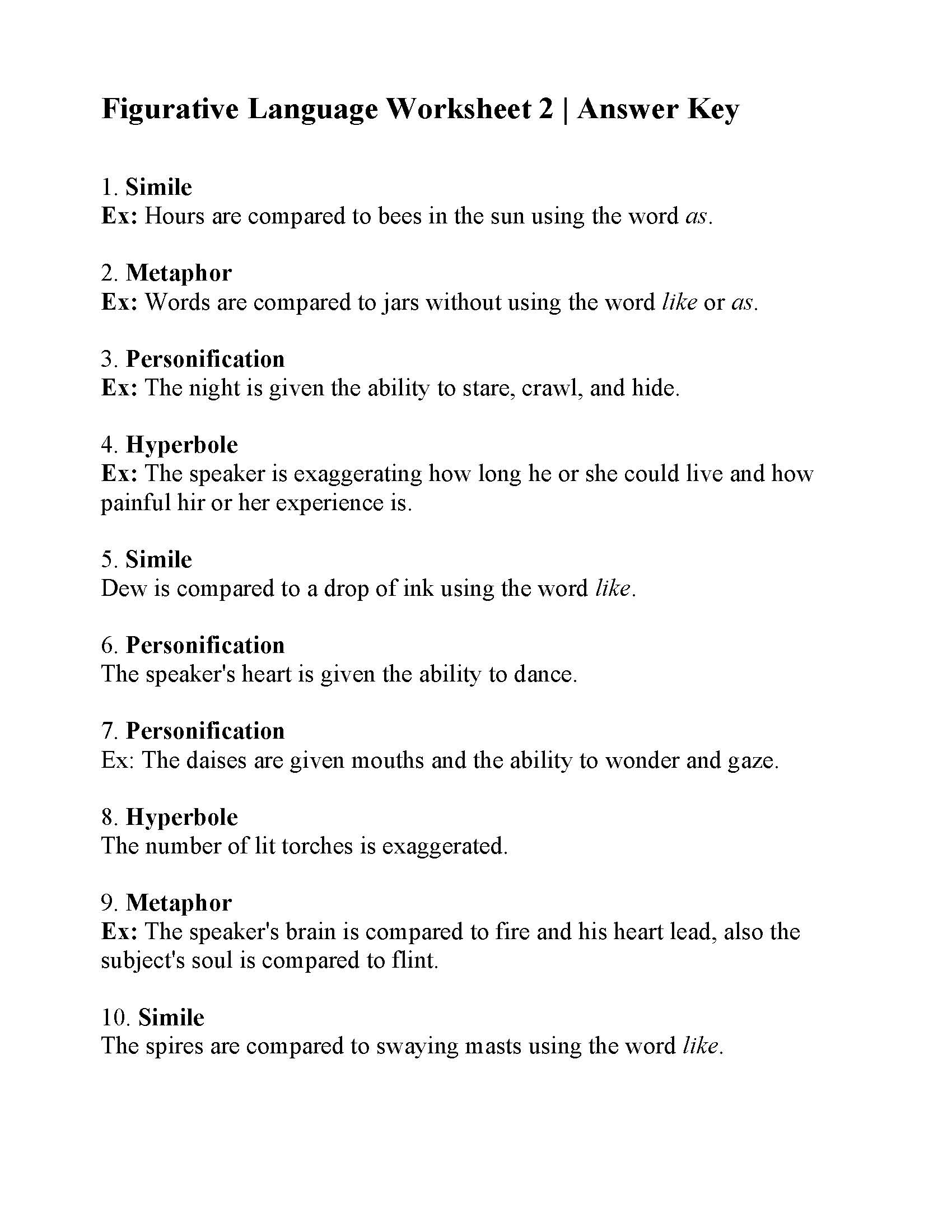 Figurative Language Worksheet 2 Reading Activity