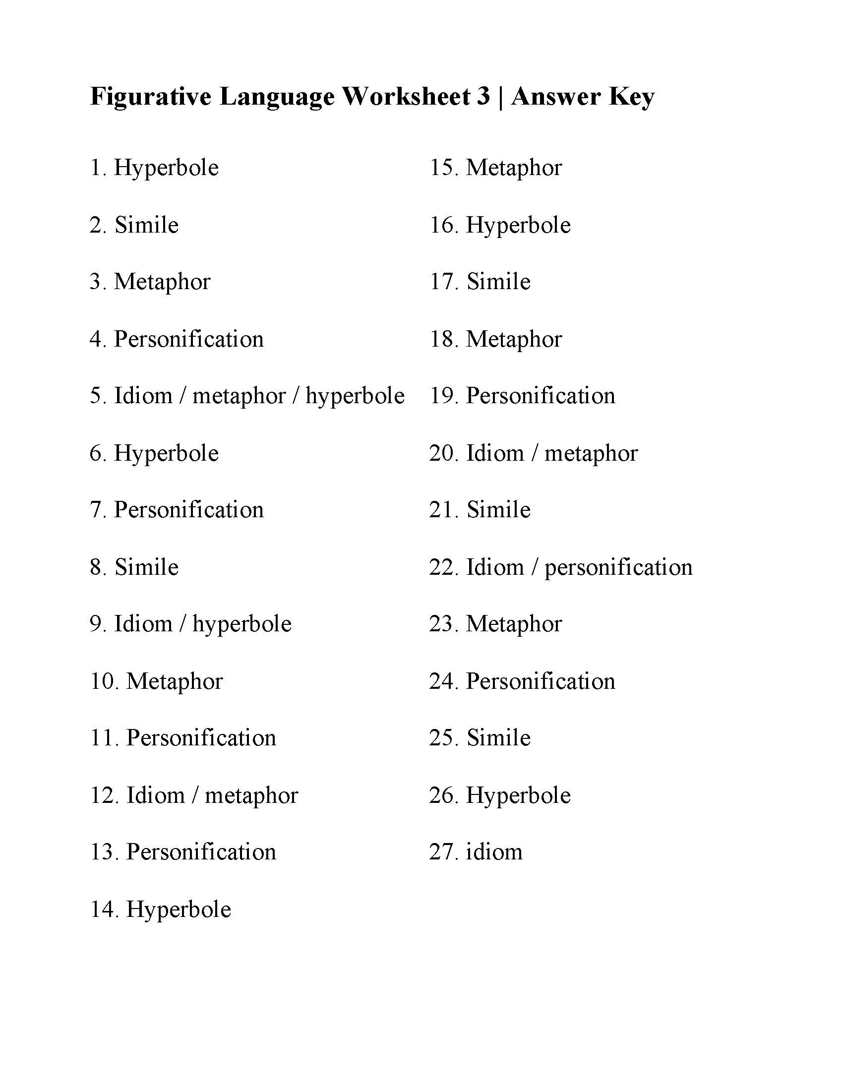 Figurative Language Worksheet 3 Answers