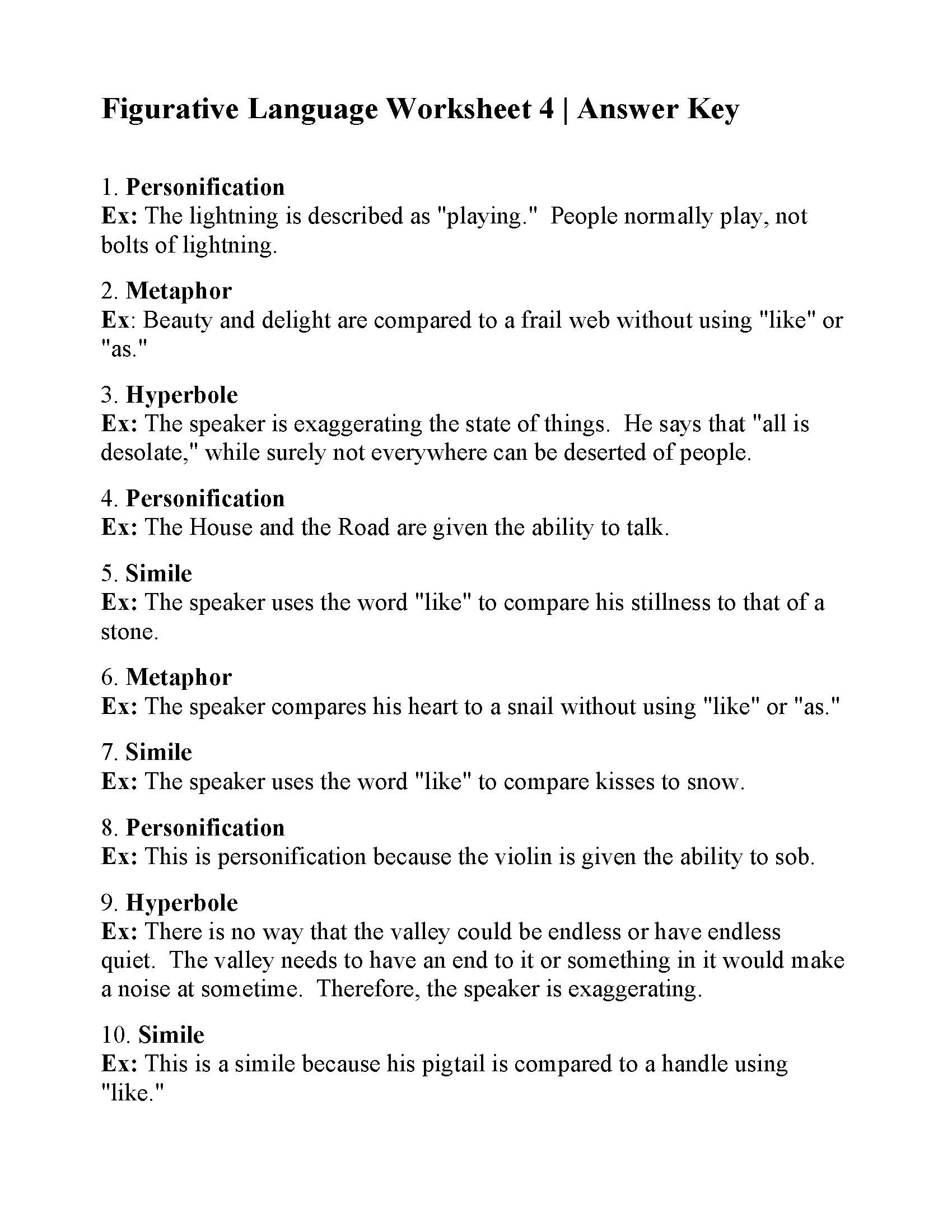 Figurative Language Worksheet 4 Reading Activity