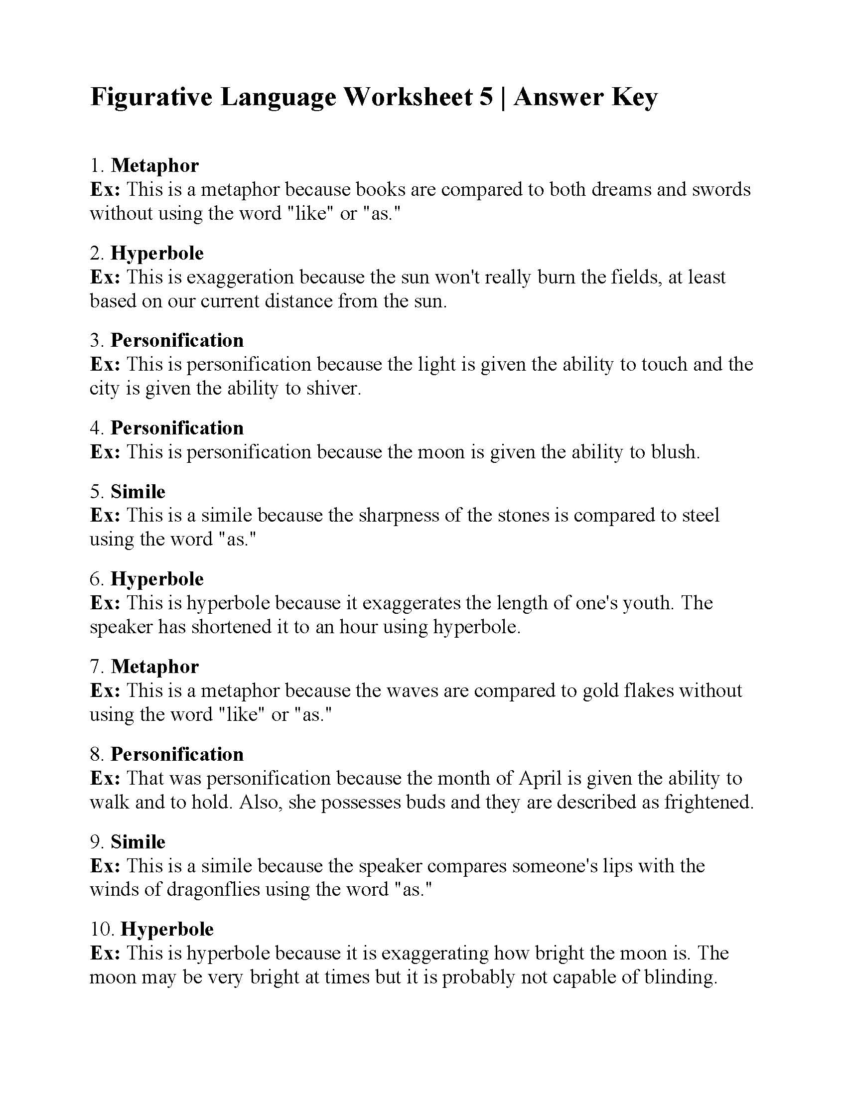Figurative Language Worksheet 5 Answers