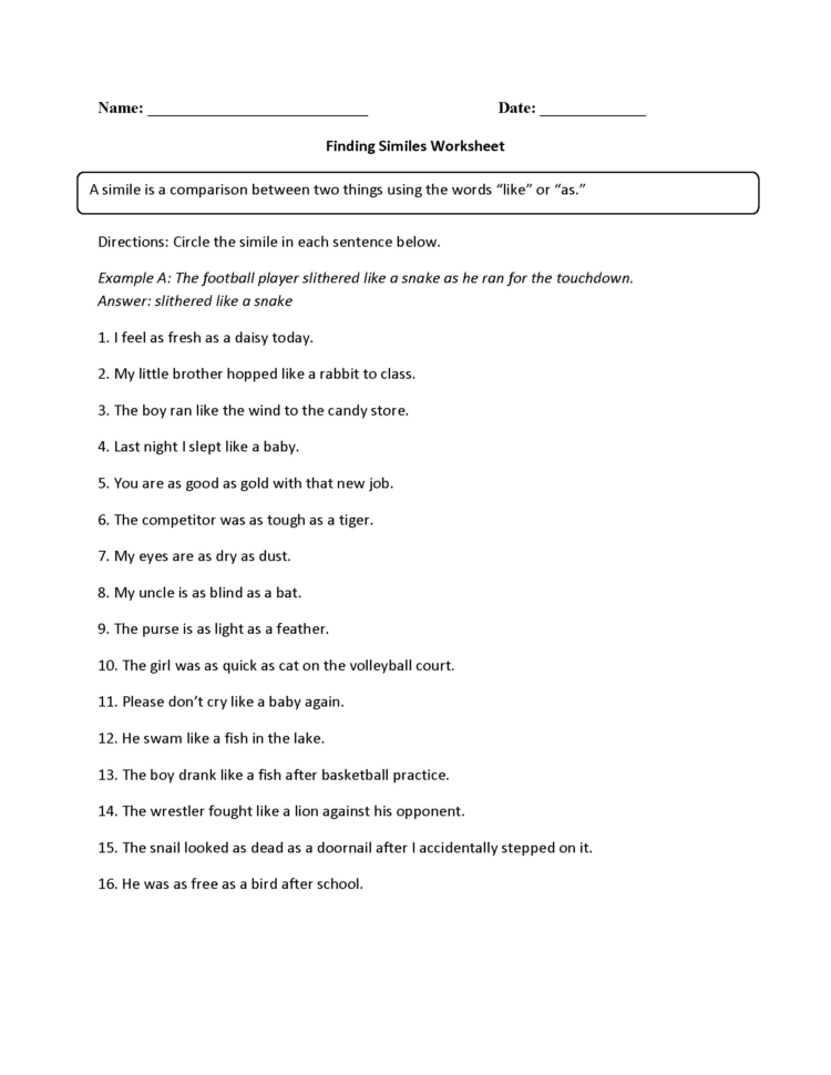 Figurative Language Worksheet 5 Db excel
