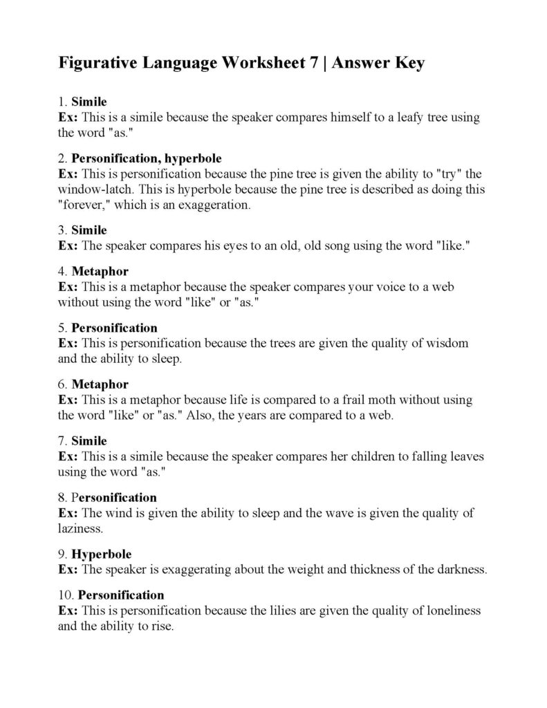 Figurative Language Worksheet 7 Answer Key | Language Worksheets