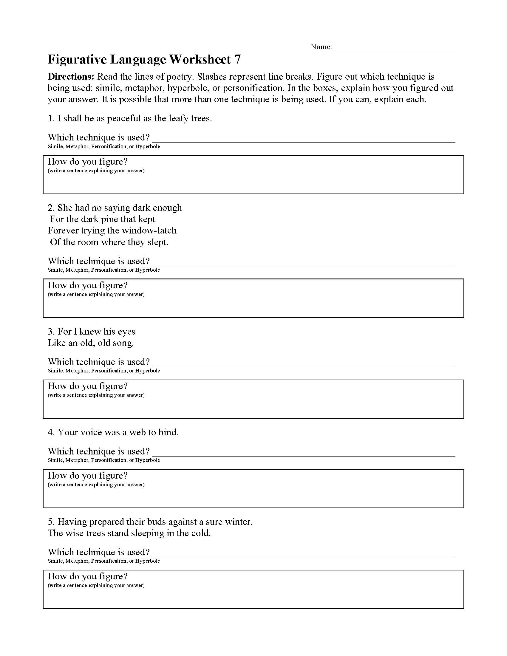 Figurative Language Worksheet 7 Preview