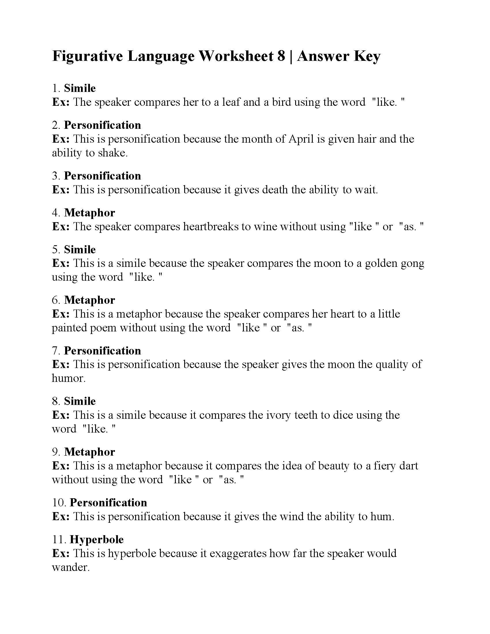 Figurative Language Worksheet 8 Answers