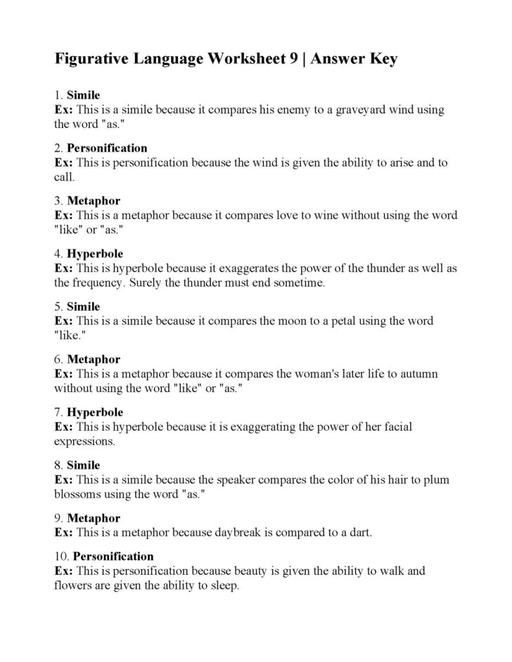 Figurative Language Worksheet 9 Answer Key