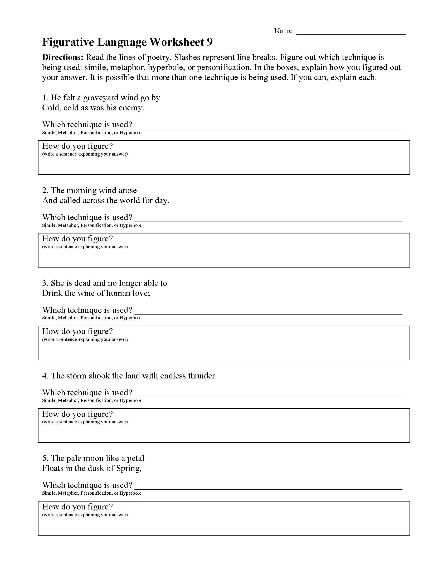 Figurative Language Worksheets 9th Grade Language Worksheets