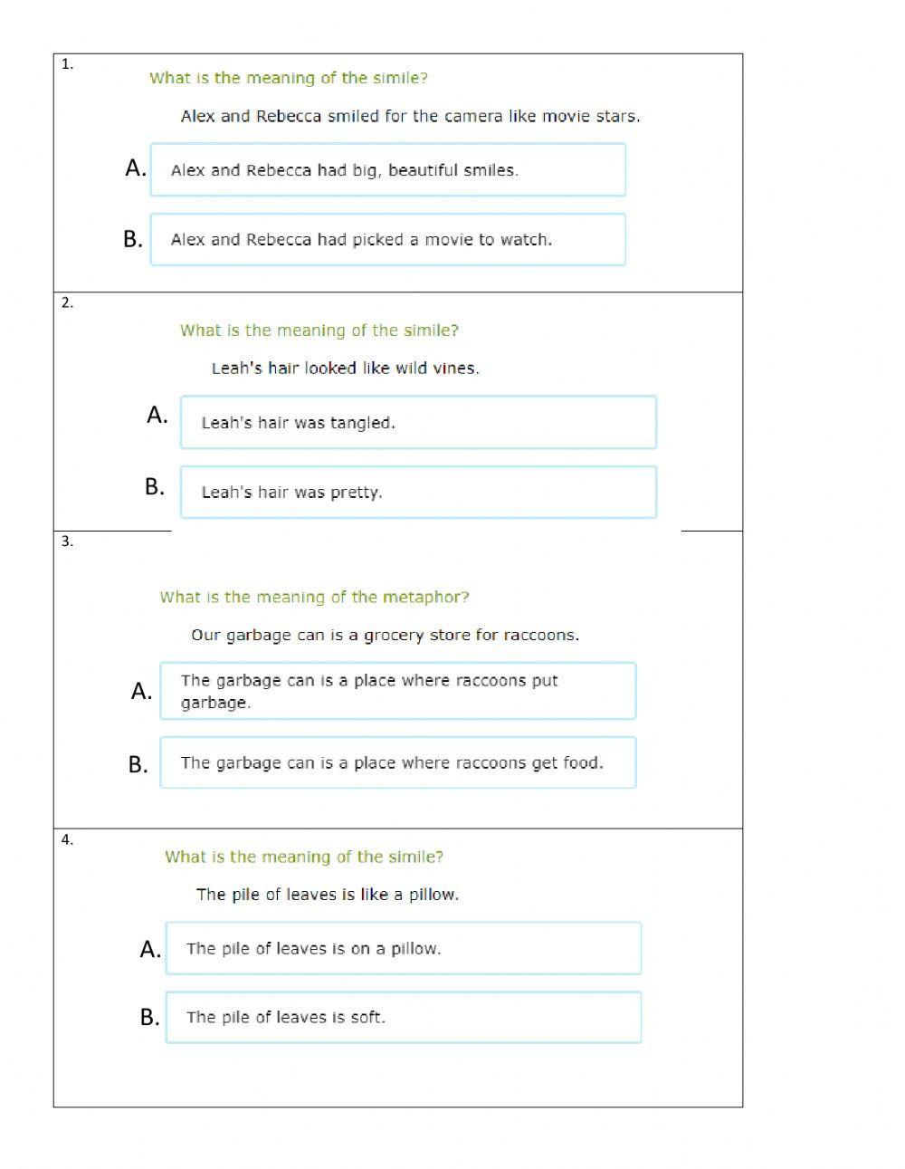 Figurative Language Worksheet For 4th