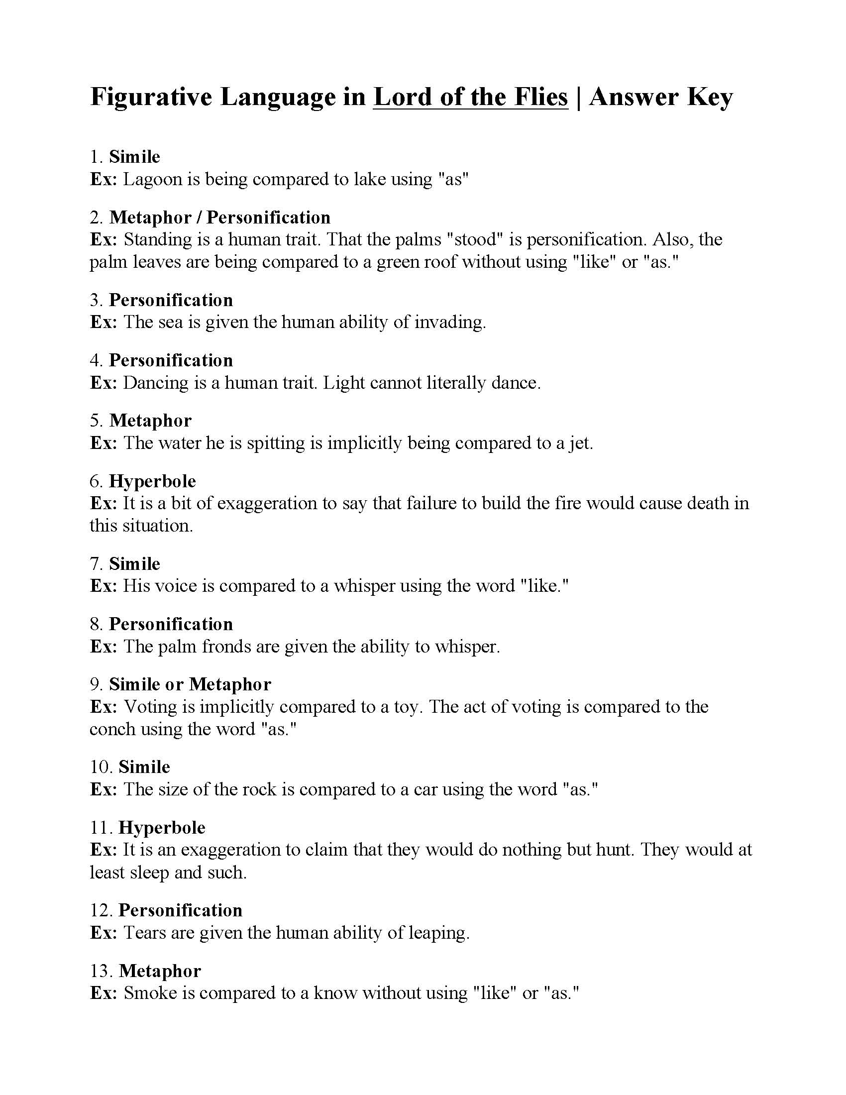 Figurative Language Worksheet Lord Of The Flies Answers