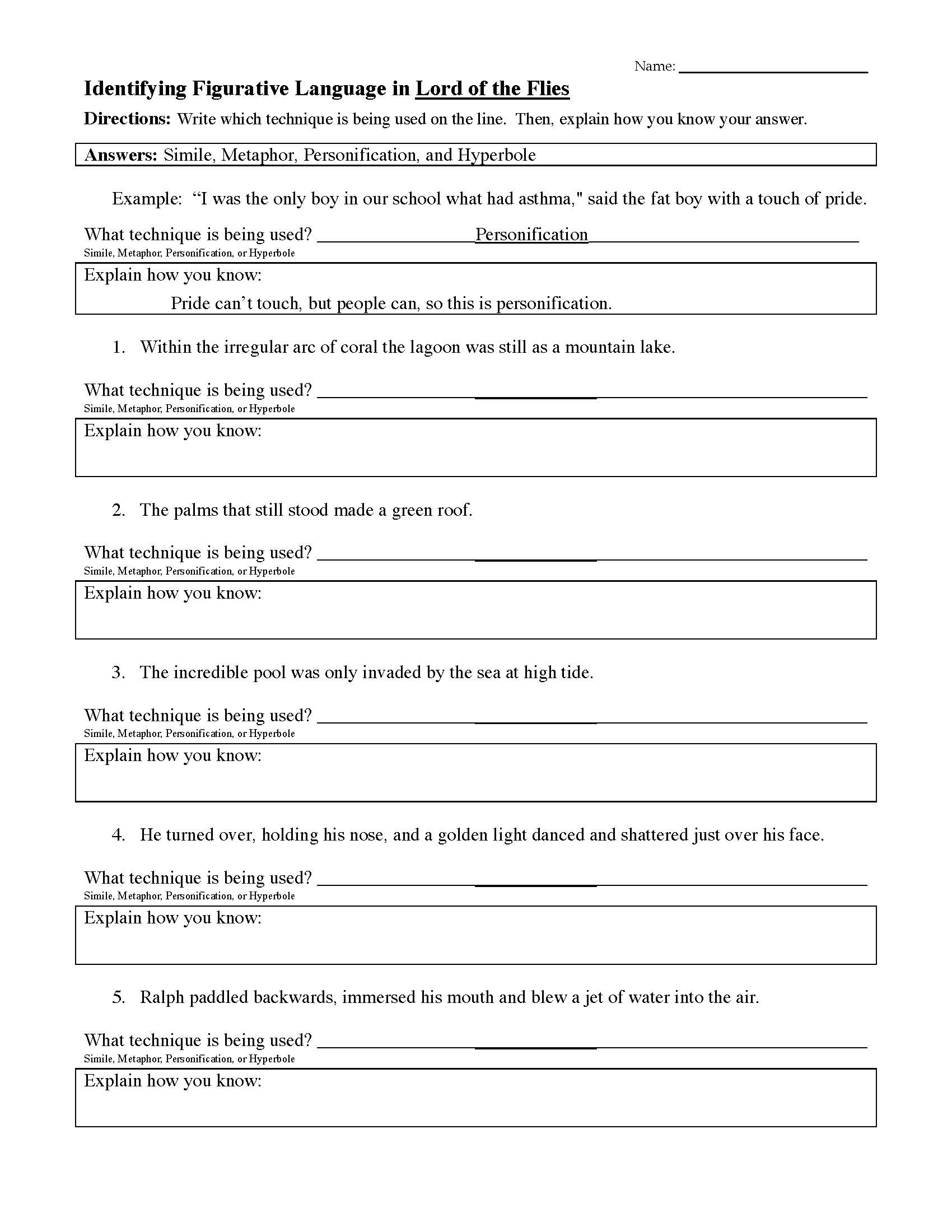 Figurative Language Worksheet Lord Of The Flies Preview