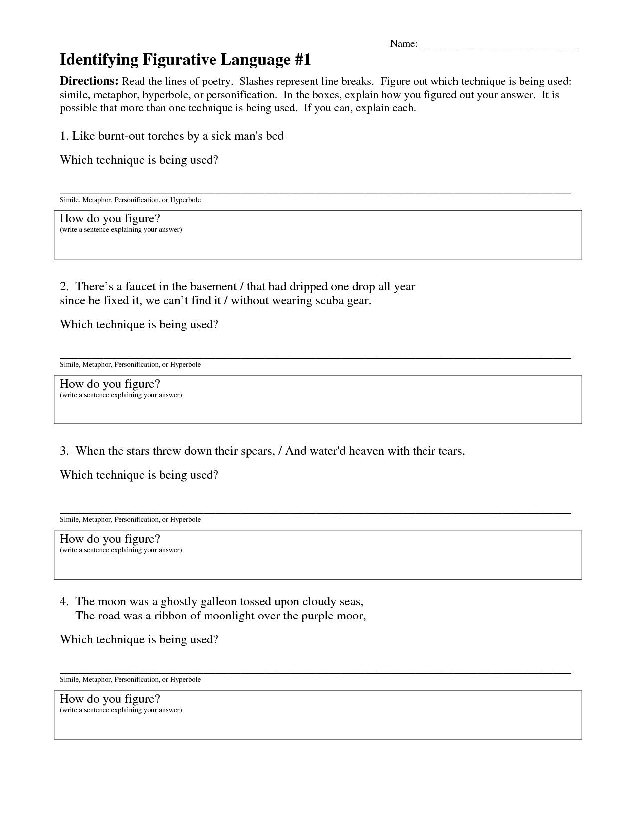 Figurative Language Worksheet Middle School In 2020 Figurative 