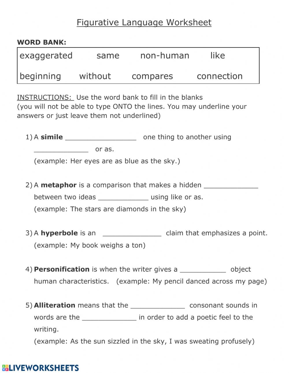 Figurative Language Worksheet Worksheet