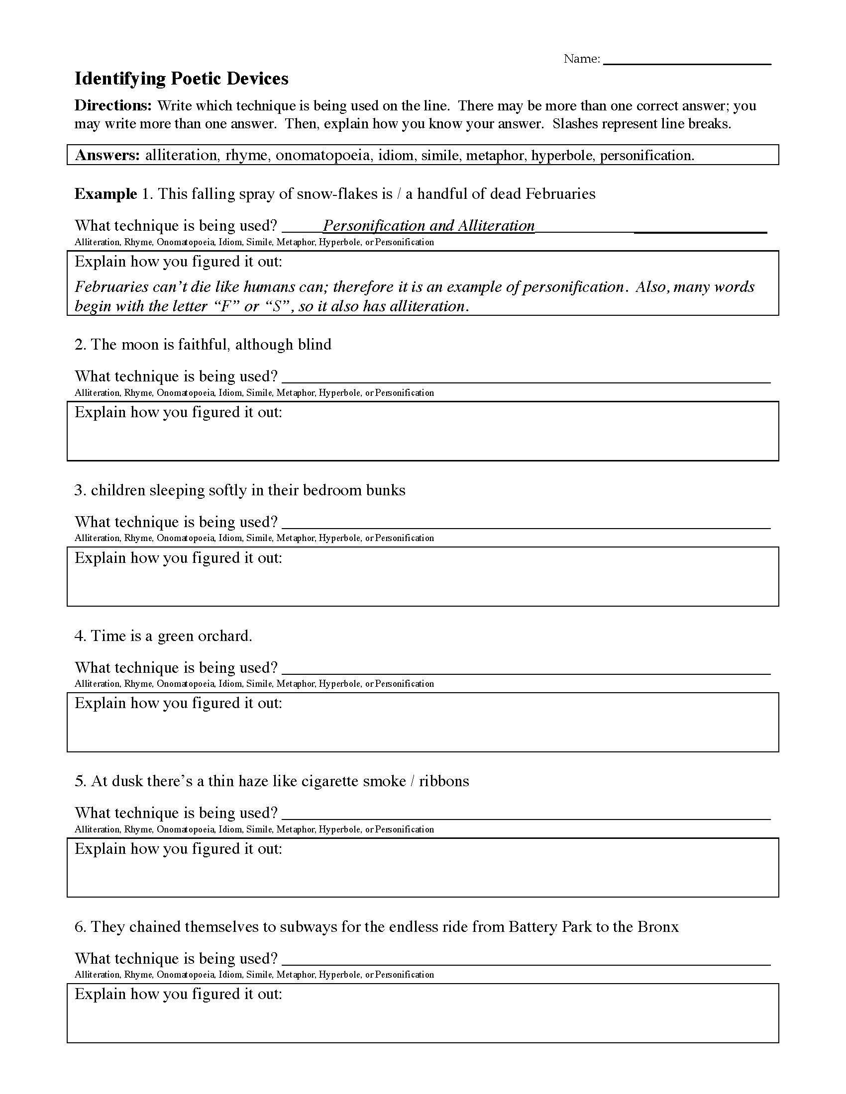 Figurative Language Worksheets 5th Grade Identify Figurative Language 