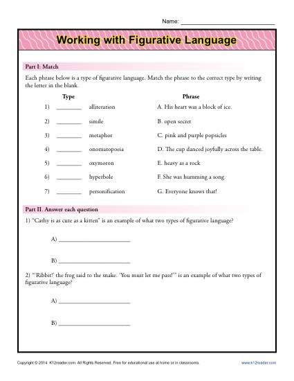 Figurative Language Worksheet 8th Grade