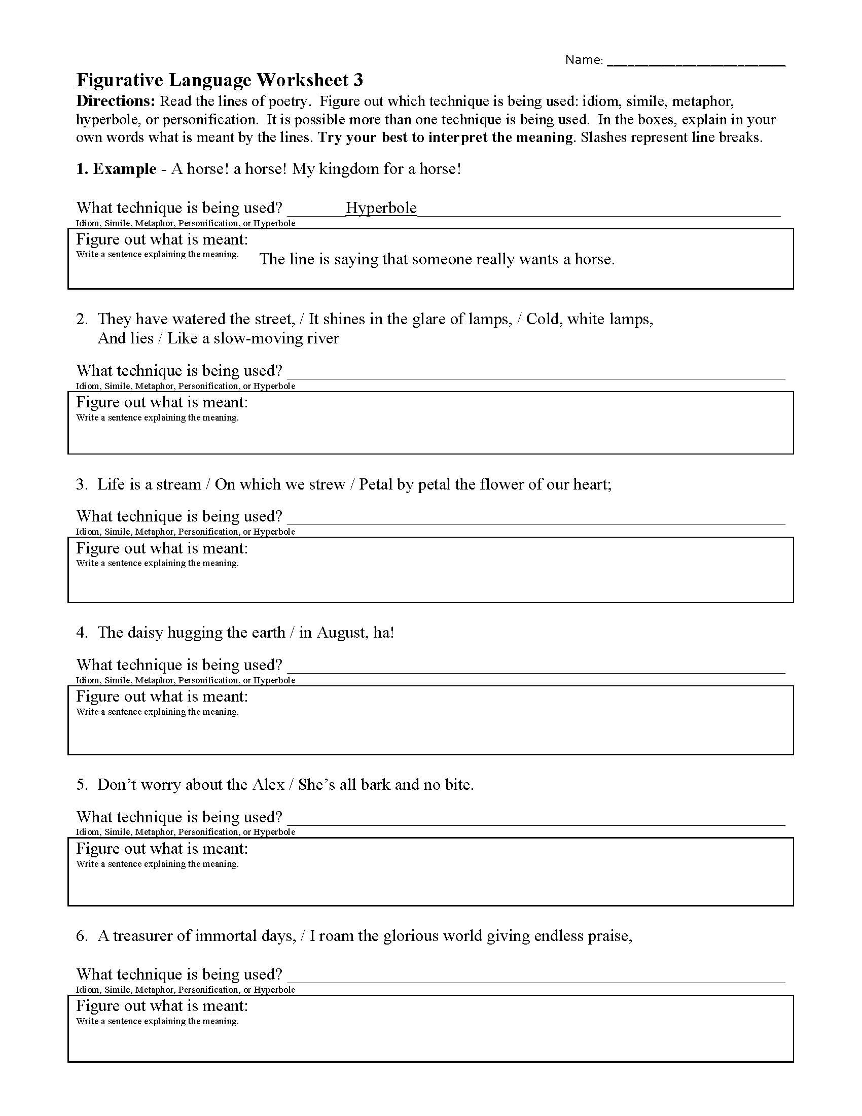 Figurative Language Worksheets Ereading Worksheets