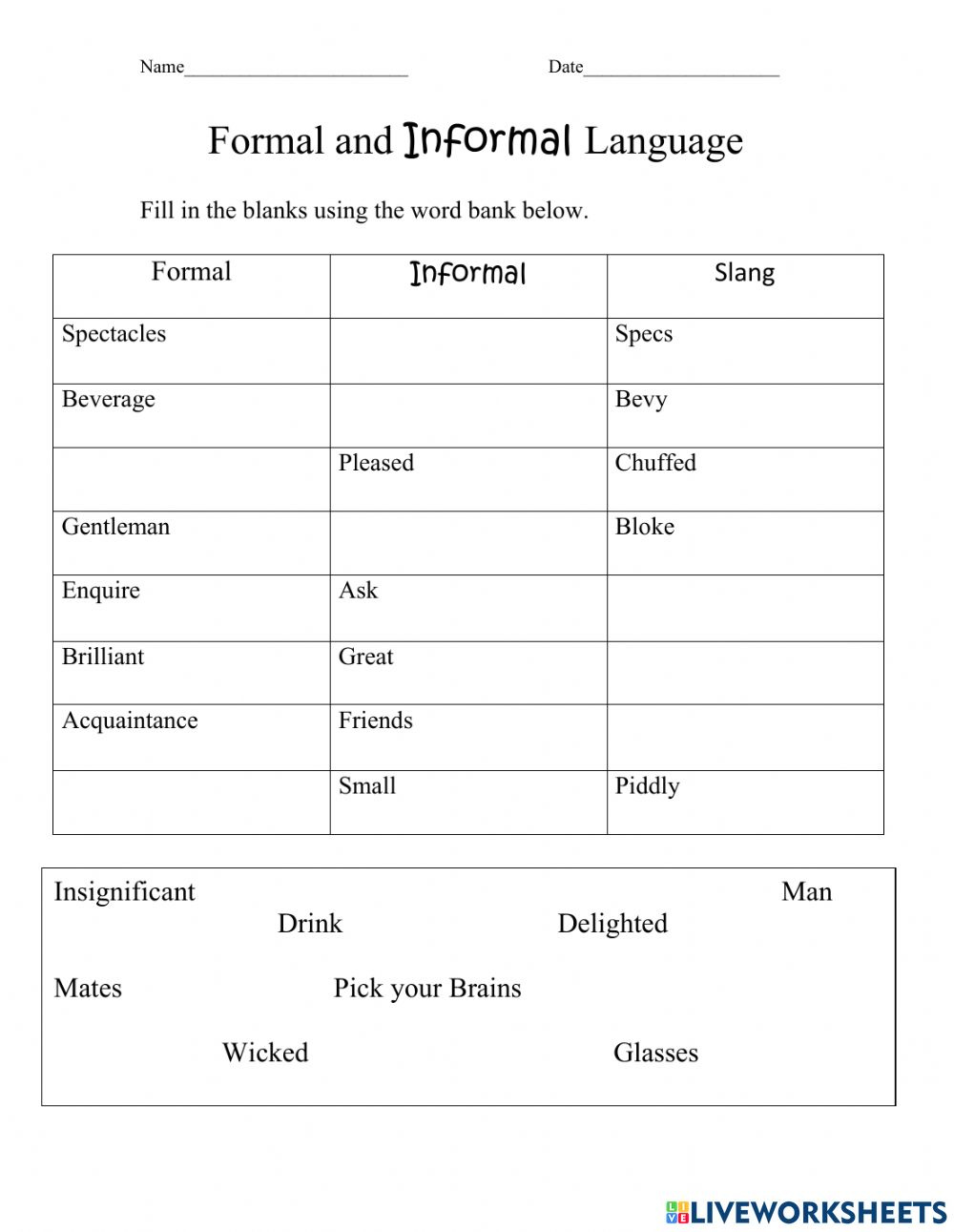 Formal Vs Informal Language Worksheet Language Worksheets