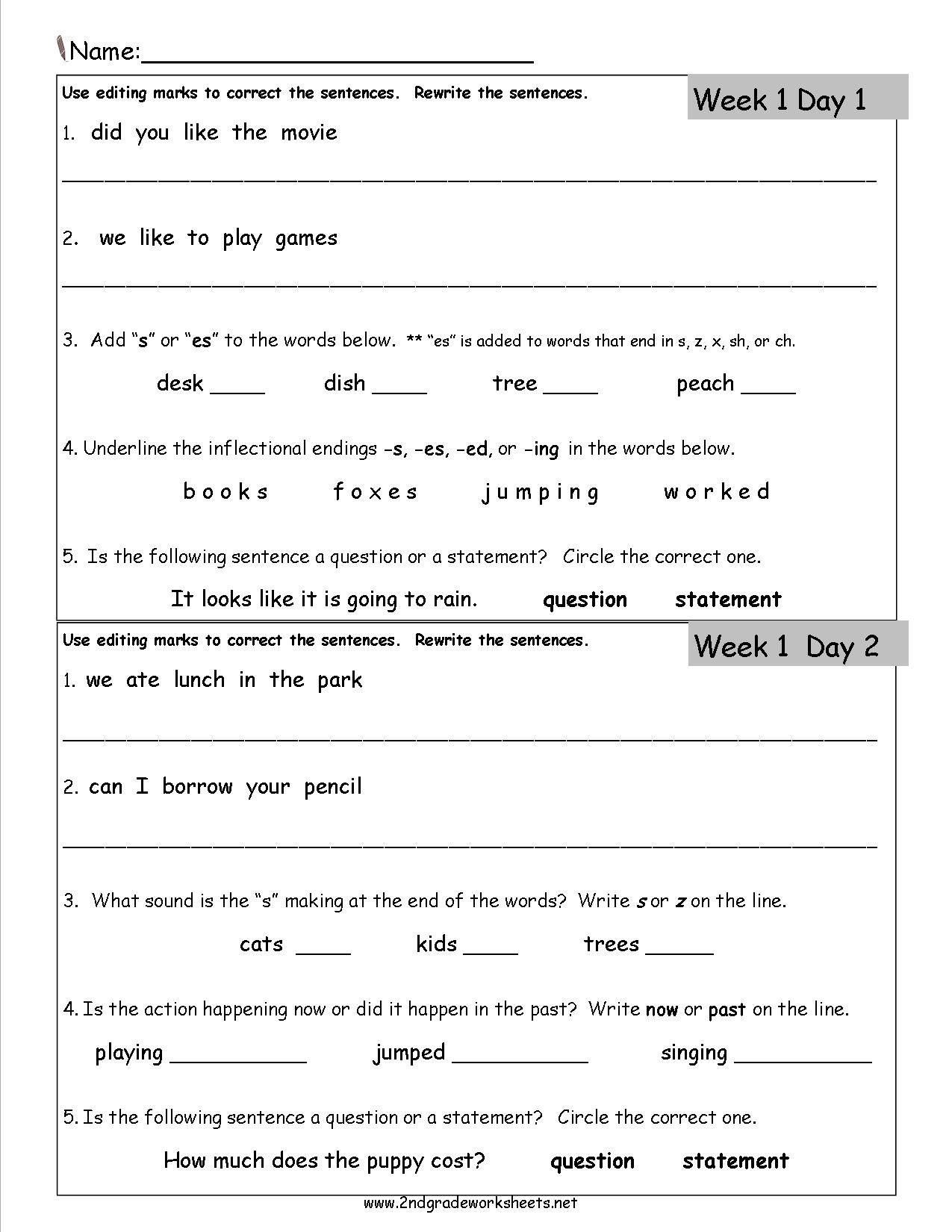 Free 2nd Grade Daily Language Worksheets