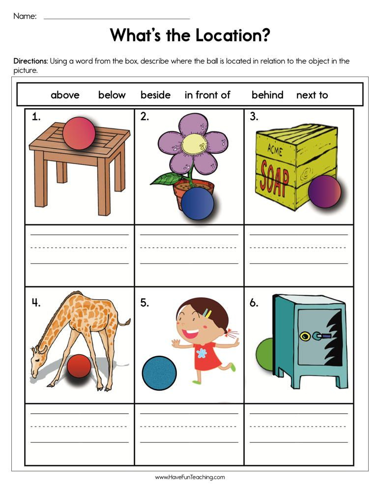 Free Positional Words Worksheets For Kindergarten