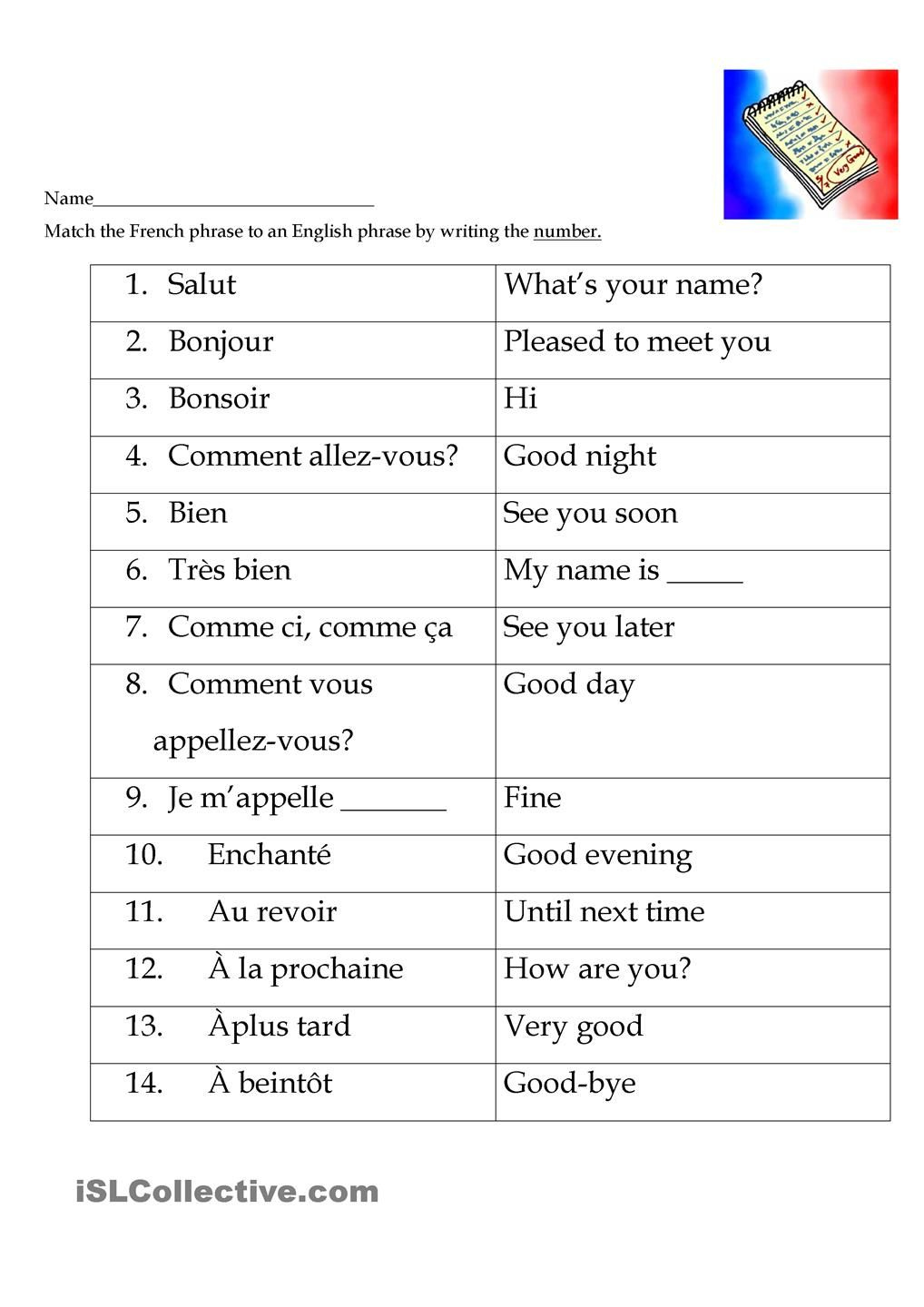 French Greetings Match Basic French Words French Worksheets Learn 