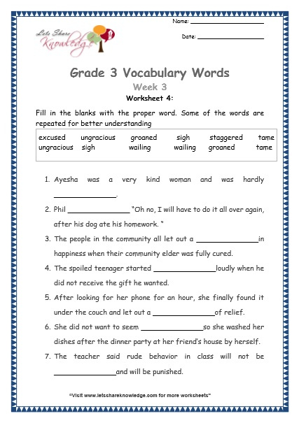Grade 3 Vocabulary Worksheets Week 3 Lets Share Knowledge Worksheet
