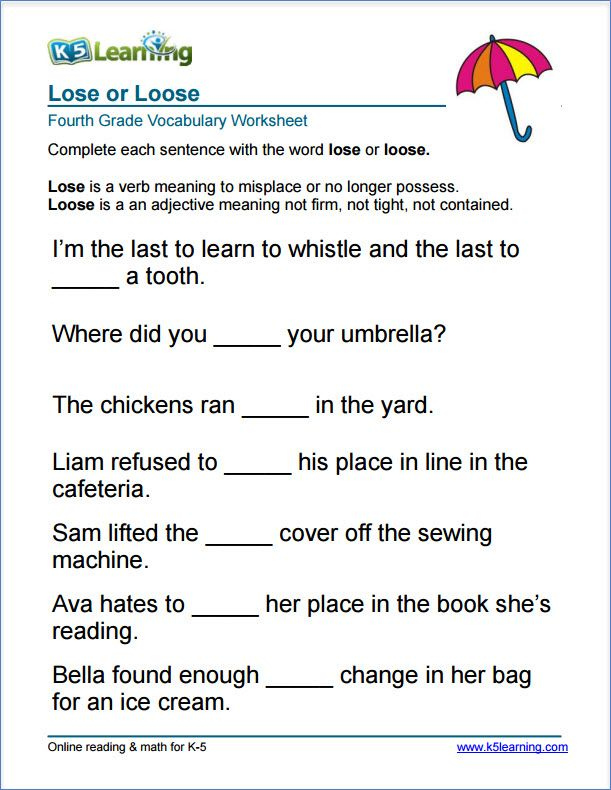 Grade 4 Lose Or Loose Vocabulary Worksheet Vocabulary Worksheets 