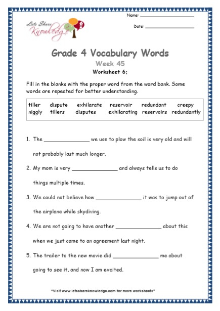 Grade 4 Language Worksheets