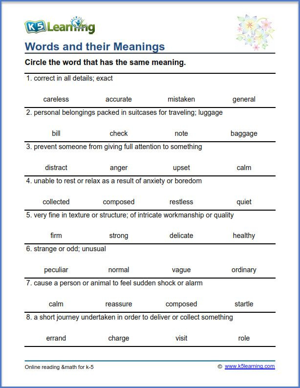 Grade 4 Vocabulary Worksheet Words And Their Meanings Vocabulary 