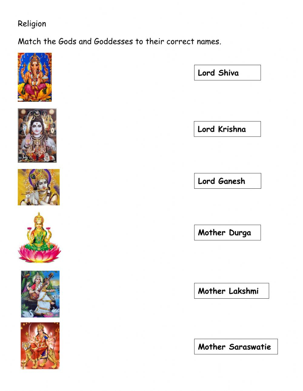 Hindu Gods And Goddesses Worksheet