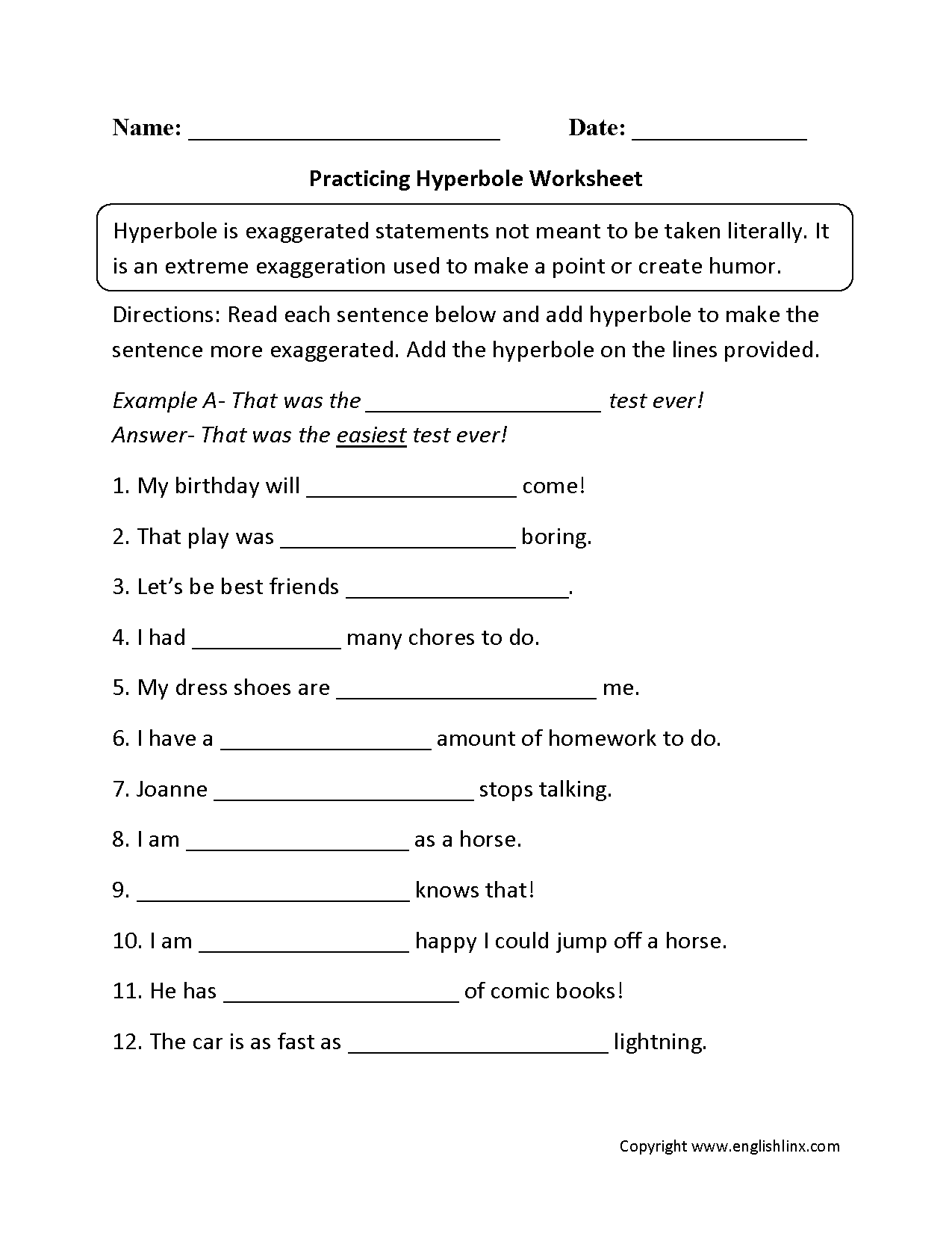 Hyperbole Figurative Language Worksheets Language Worksheets 