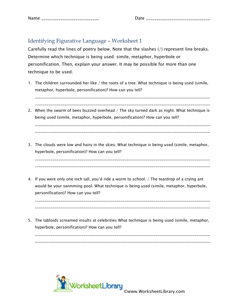 Identifying Figurative Language Worksheet 1