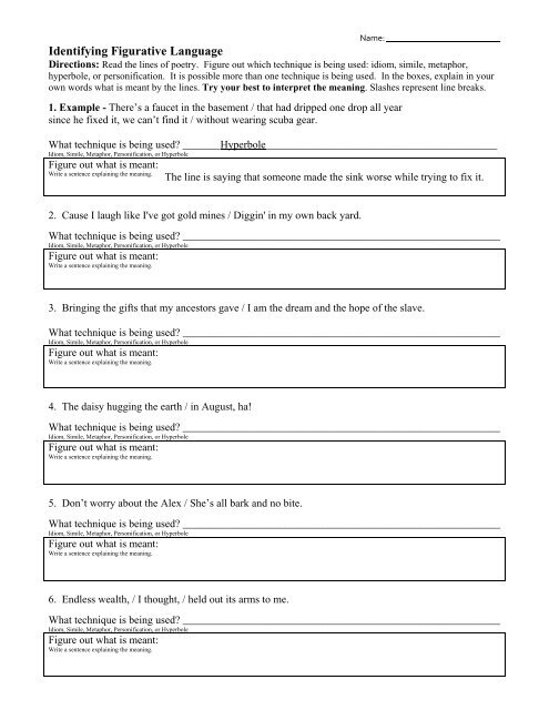 Figurative Language Worksheet 3 Figure Out What Is Meant Answers