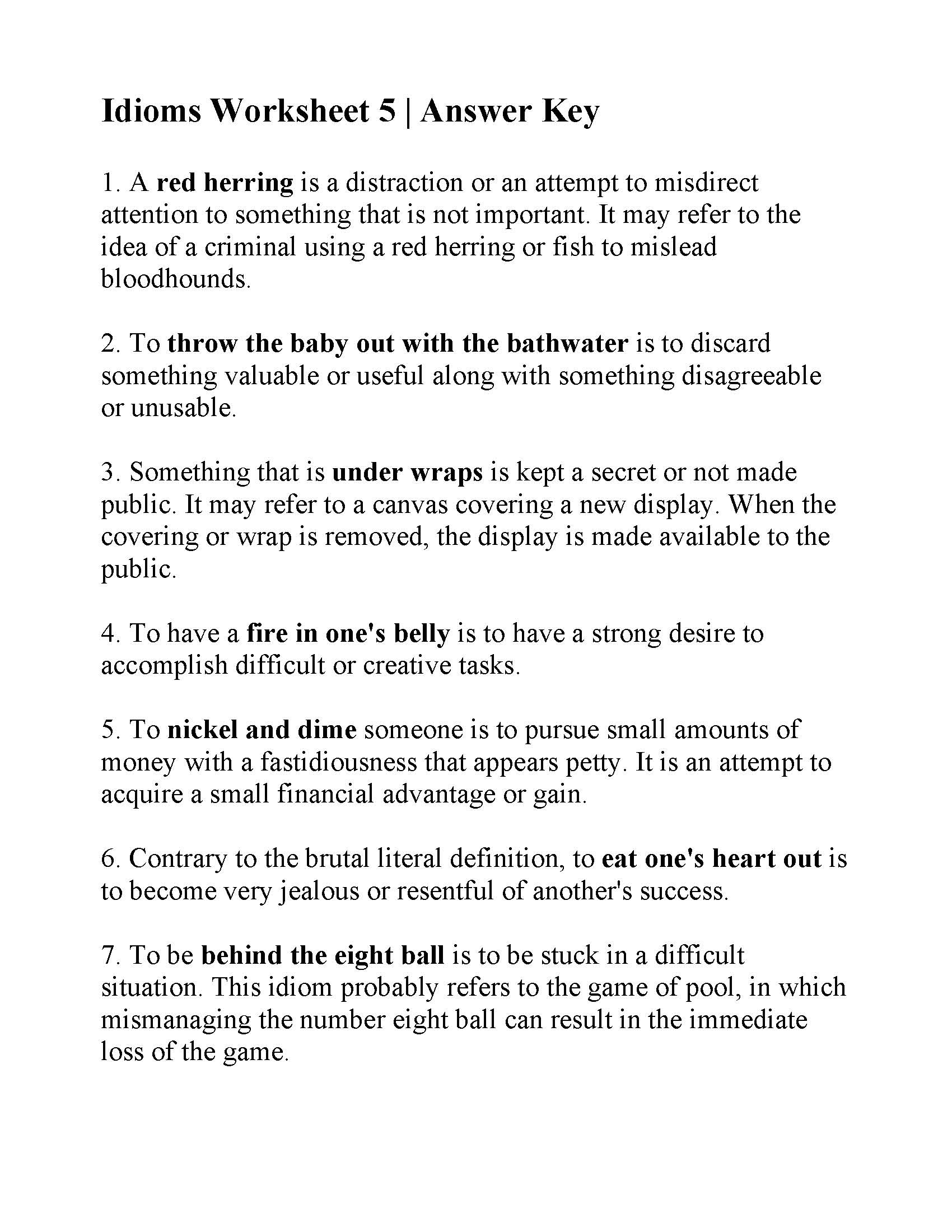 Idioms Worksheet 5 Answers