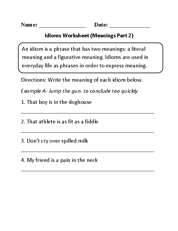 Idioms Worksheet Meanings Part 2 Beginner Figure Of Speech Speech 