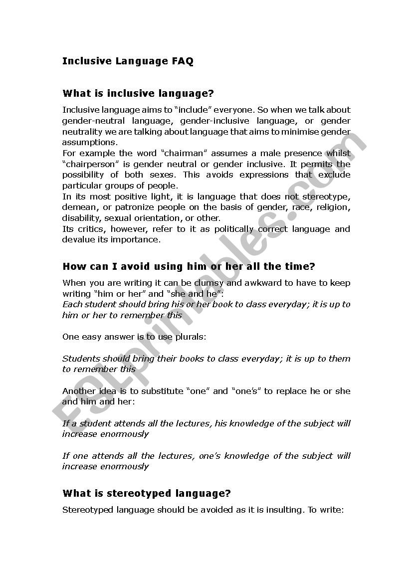 Inclusive Language ESL Worksheet By Garage