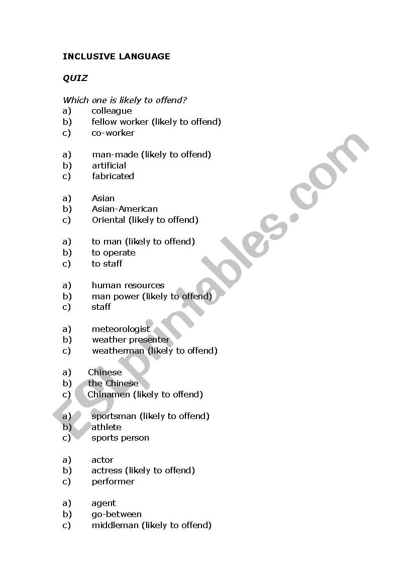 Inclusive Language Quiz ESL Worksheet By Garage