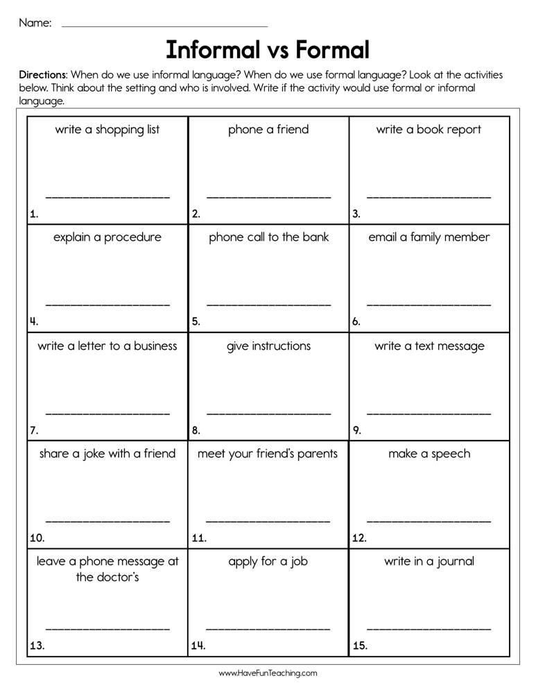 Informal Vs Formal Worksheet Have Fun Teaching