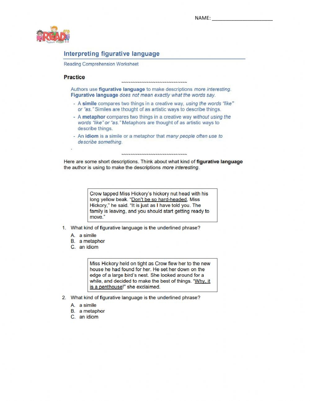 Interpreting Figurative Language Worksheet