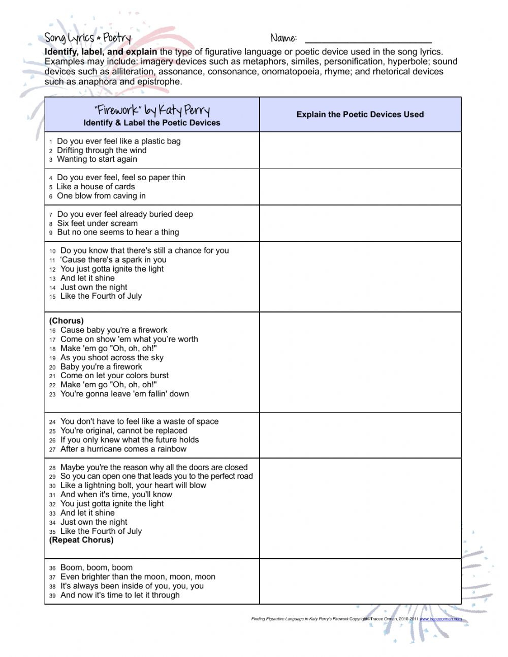 Katy Perry Lyrics For Figurative Language Worksheet