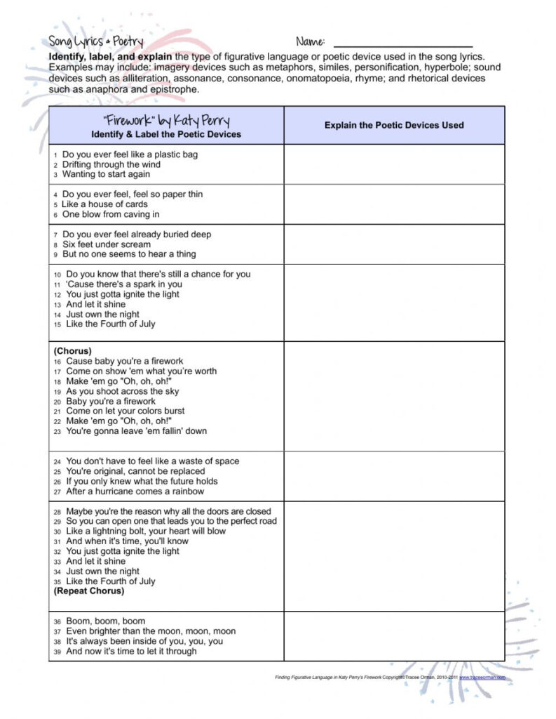 Figurative Language Song Lyrics Worksheet | Language Worksheets