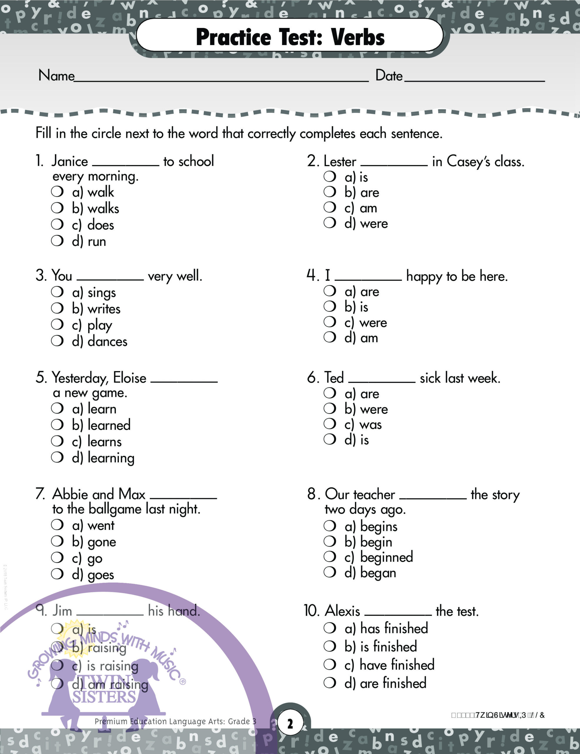 Language Arts Grade 3 Comprehensive Skills Practice Test Twin Sisters