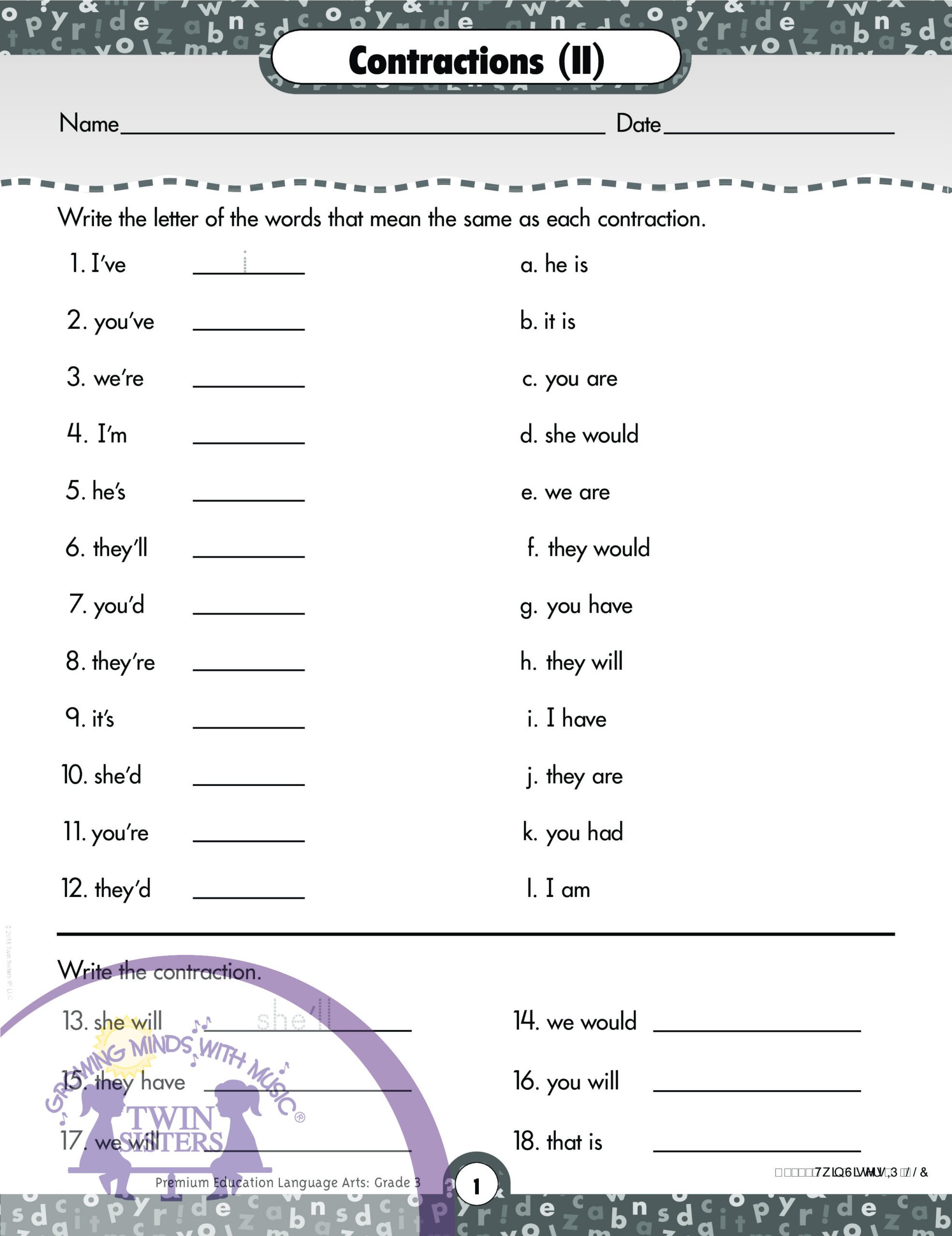 Language Arts Grade 3 Sentence And Word Structure Twin Sisters
