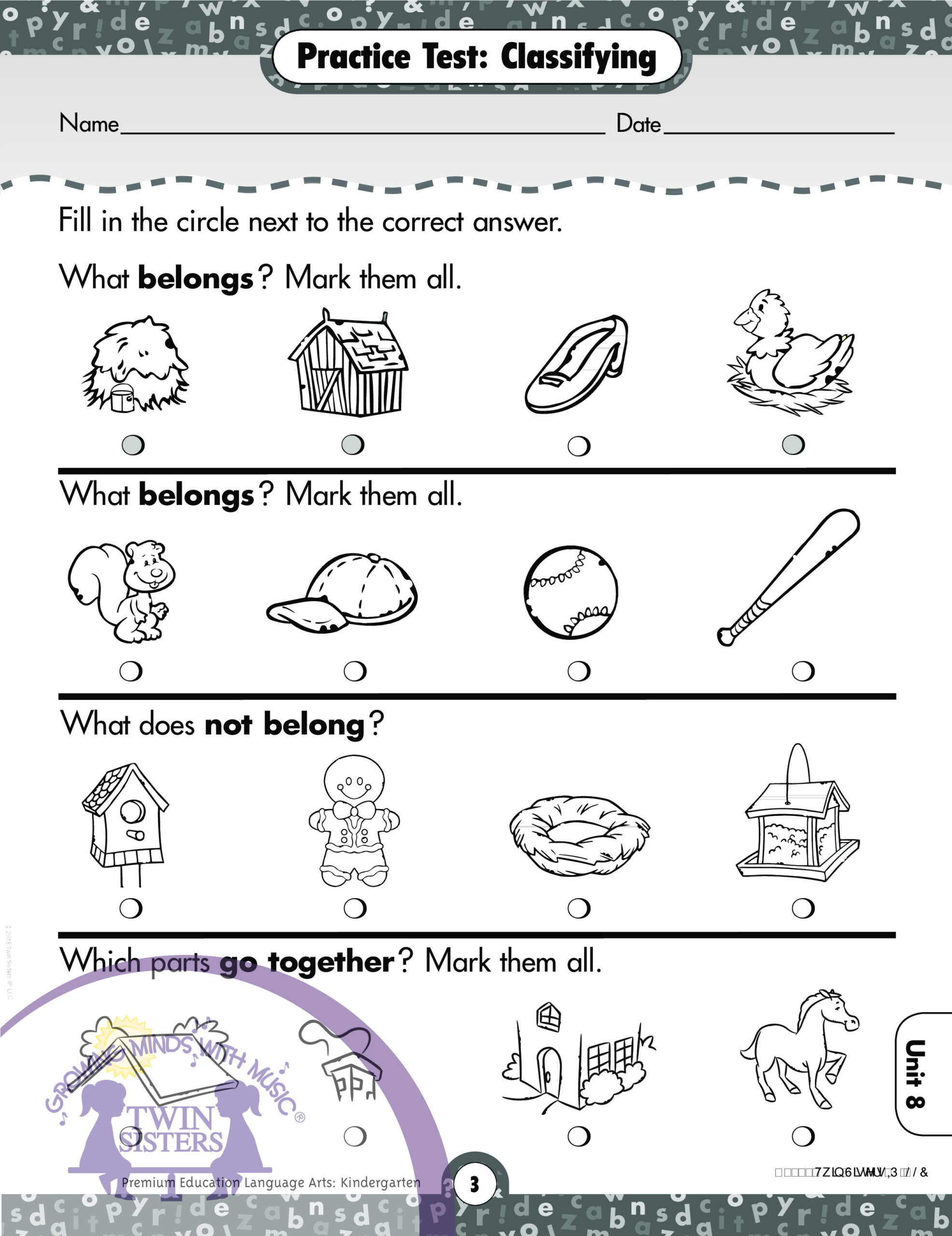 Language Arts Kindergarten Comprehensive Skills Practice Test Twin 