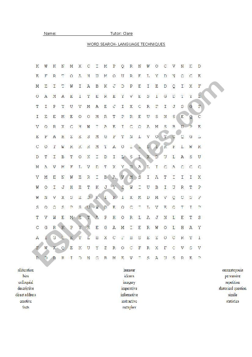 Language Techniques Word Search ESL Worksheet By Beingblonde