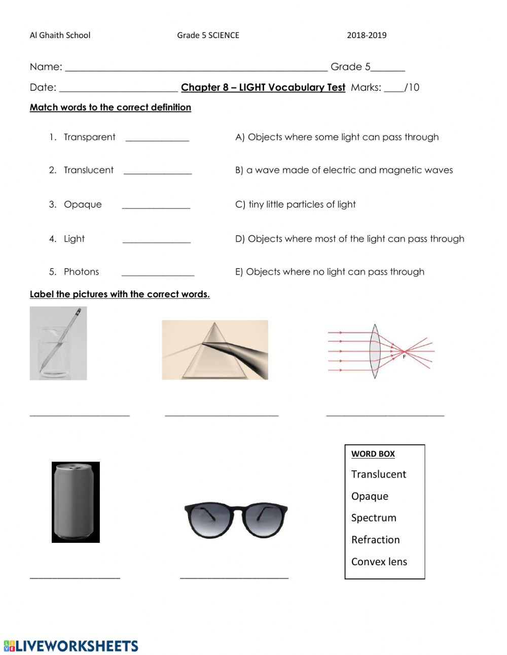 Light Vocabulary Worksheet