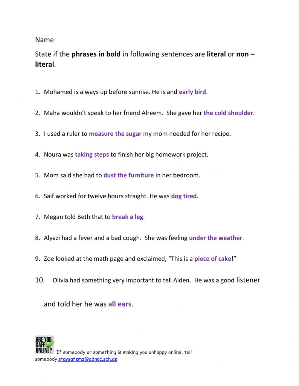 Literal And Non Literal Sentences Worksheet