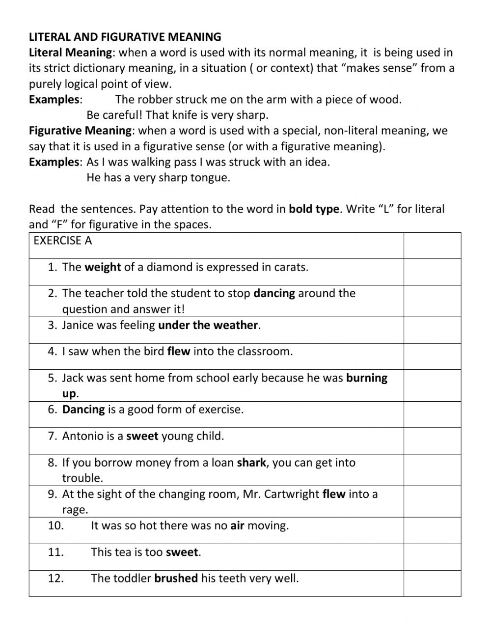 LITERAL VS FIGURATIVE Worksheet