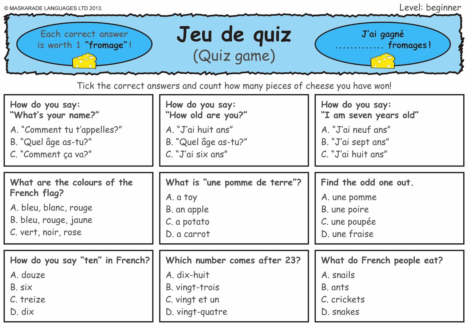 MASKARADE LANGUAGES French Quiz Level Beginner Bitesize Ks2